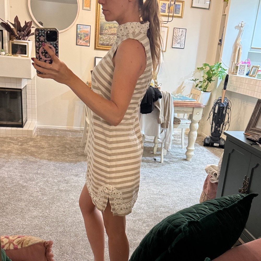 Eliza J Cream and White Striped Crochet-Trim Mini Dress - Picture 2 of 8